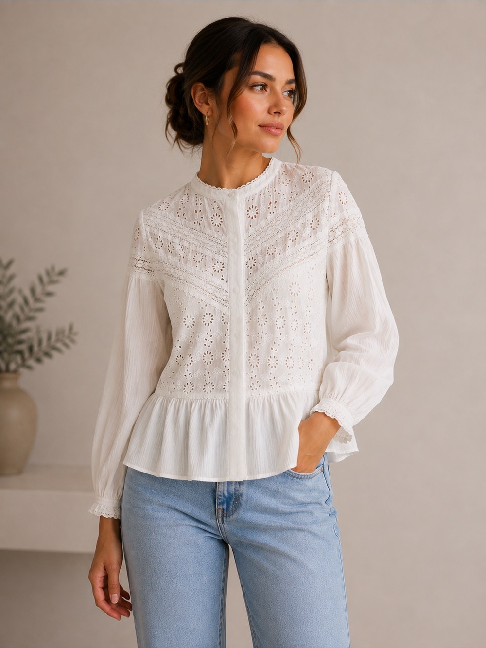 Zara White Eyelet Lace Peplum Top